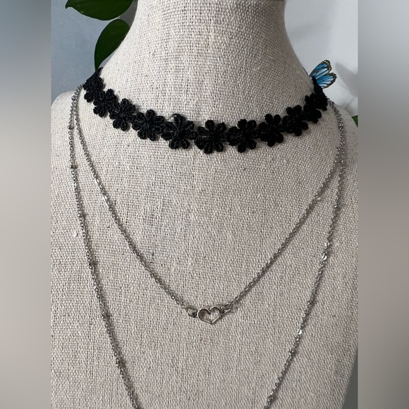 Floral Silver Multi-Chain Charm Necklace Set with Black Lace Choker - Picture 4 of 6